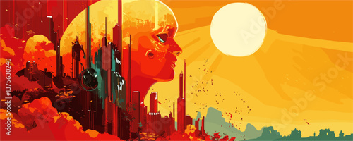 Futuristic cityscape and giant human head with setting sun in a surreal environment - vector.