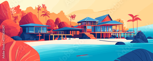 Tropical beachfront modern house with palms and mountains at sunset - vector.