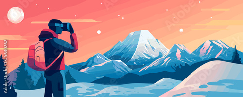 Man with binoculars observes mountain landscape at sunset with snowy peaks and forest - vector.