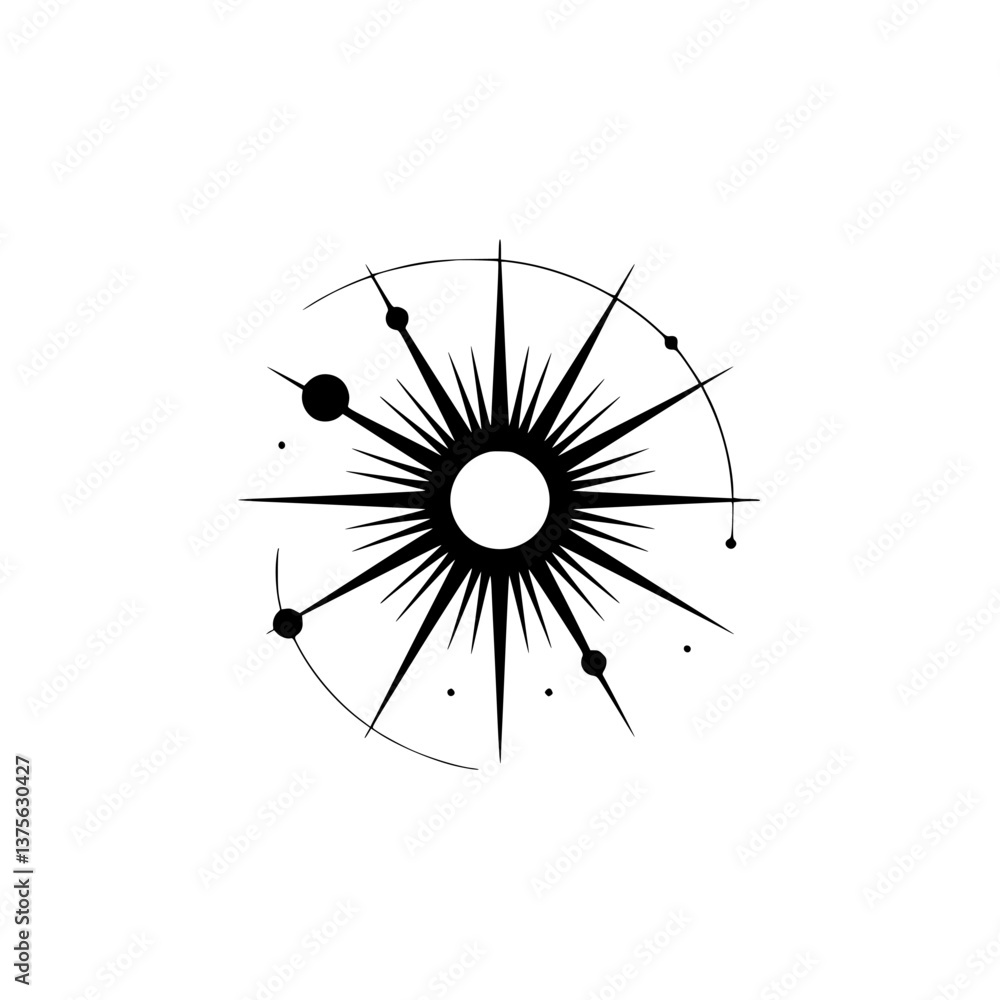 Obraz premium Abstract Celestial Illustration: Sunburst with Planets in Minimalist Style