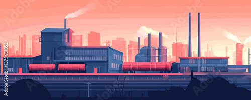 Industrial factory skyline at sunset with smoke and train wagons - vector.