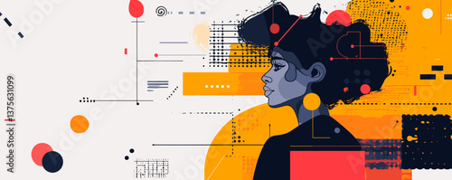 Abstract female profile with geometric shapes and bold colors - vector.