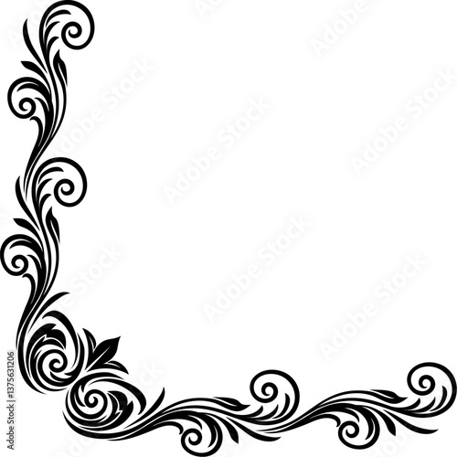 A filigree heraldic crest motif floral pattern corner border frame design element. Original design in a vintage style.