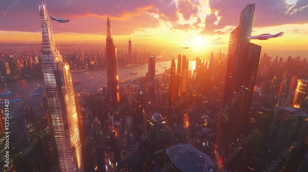 Obraz premium A futuristic metropolis bathed in the golden hues of a breathtaking sunset, soaring skyscrapers pierce the vibrant sky, hinting at a technologically advanced and hopeful tomorrow.
