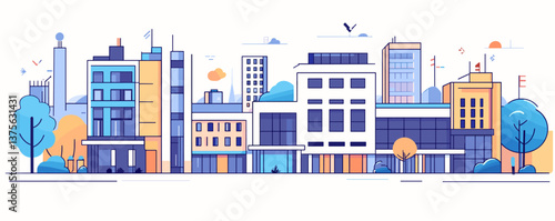 Modern urban skyline with colorful buildings and trees, minimalist style - vector.