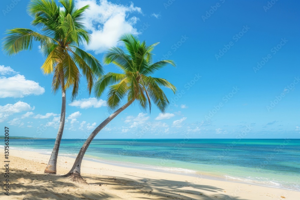 Two palm trees sway gently in the warm breeze on a tropical beach with clear blue water and white sand, Palm trees swaying in the warm breeze on a tropical beach Two palm trees sway gently in the warm breeze on a tropical beach with clear blue water and white sand, Palm trees swaying in the warm breeze on a tropical beach