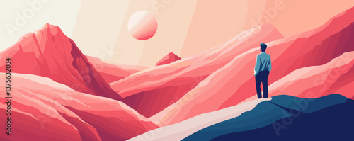 Man observing surreal landscape with mountains and sun in pink shades - vector.