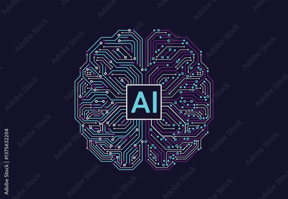 Fototapeta premium Artificial intelligence with brain chipset on circuit board in futuristic concept technology artwork for web, banner, card, cover. Vector illustration