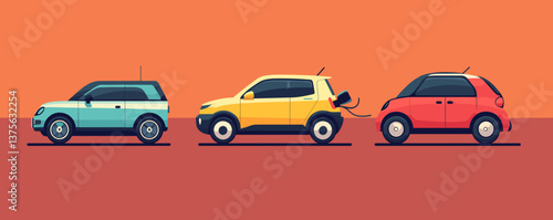 Three electric cars in profile view on orange background, charging, flat design - vector.