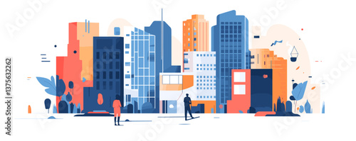 Vibrant urban cityscape with abstract buildings and people – vector.