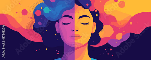 Colorful abstract portrait with closed eyes, duality of emotions, decorative art - vector.