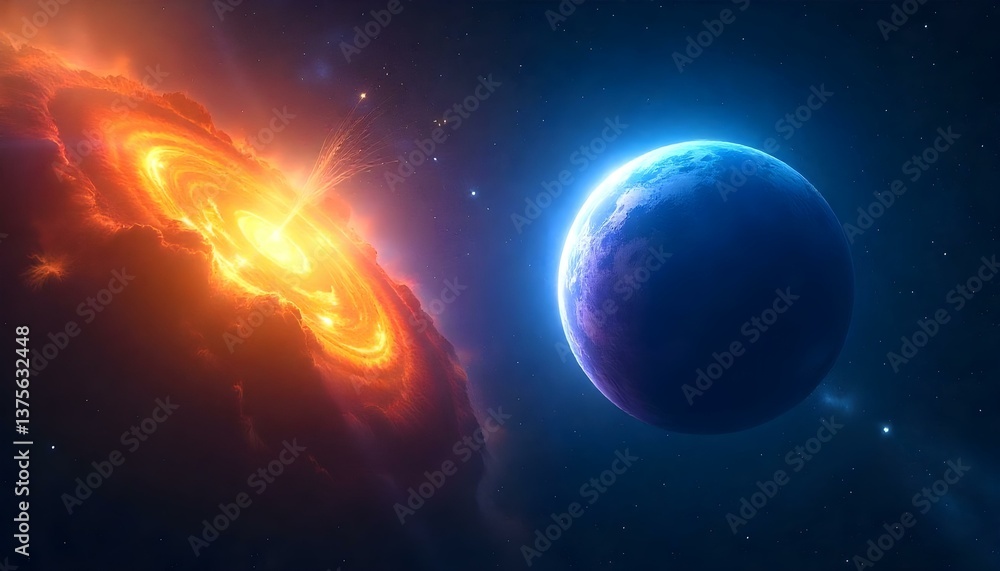 Obraz premium A digital artwork of a cosmic scene featuring two celestial bodies against a backdrop of stars. On the left, there is a fiery explosion of orange and yellow hues
