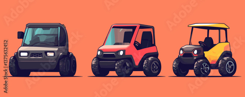 Colorful cartoon cars on orange background: three unique vehicle designs vector.