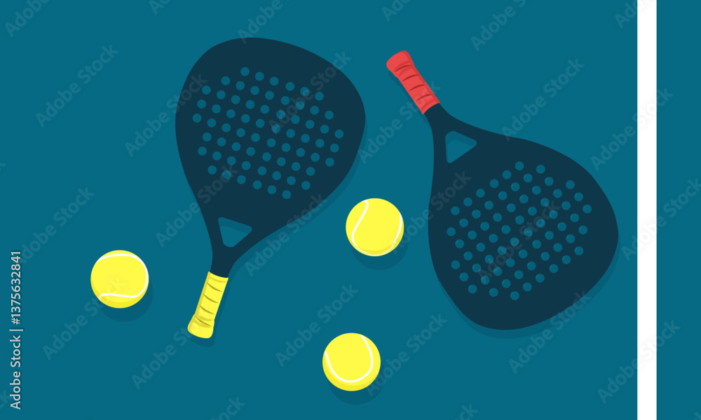 Fototapeta premium Padel rackets and balls lying on padel court