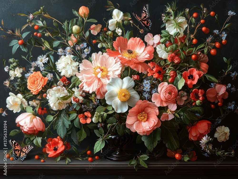 Obraz premium Dark Floral Arrangement Vintage Style with Roses Peonies Tulips and Butterflies on Black Background