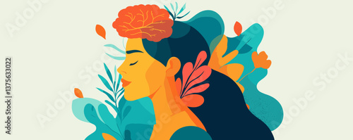 Abstract portrait of woman with brain and leaves in vibrant colors - vector.
