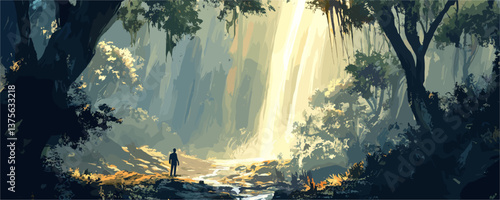 Silhouette of person in lush forest with sunlight breaking through trees — vector.