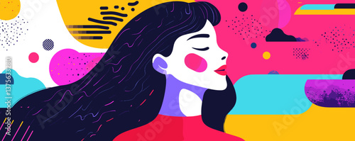 Colorful abstract art of a woman with long hair and closed eyes - vector.