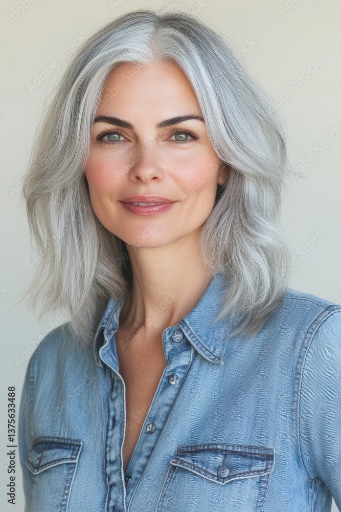 Fototapeta premium Beautiful Mature Woman with Stylish Silver Grey Hair and Denim Shirt