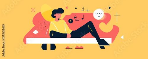 Abstract art of relaxed person listening to music with graphic elements on yellow background - vector.