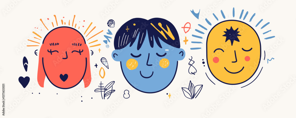 Three abstract faces with symbols and patterns in a colorful artistic design - vector. Three abstract faces with symbols and patterns in a colorful artistic design - vector.