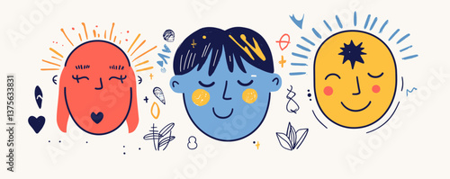 Three abstract faces with symbols and patterns in a colorful artistic design - vector.