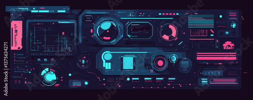 Futuristic sci-fi control panel interface with holographic elements - vector.