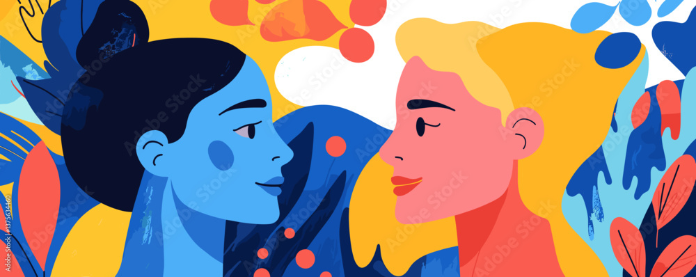Naklejka premium Colorful portrait of two diverse women facing each other amidst abstract floral patterns - vector.