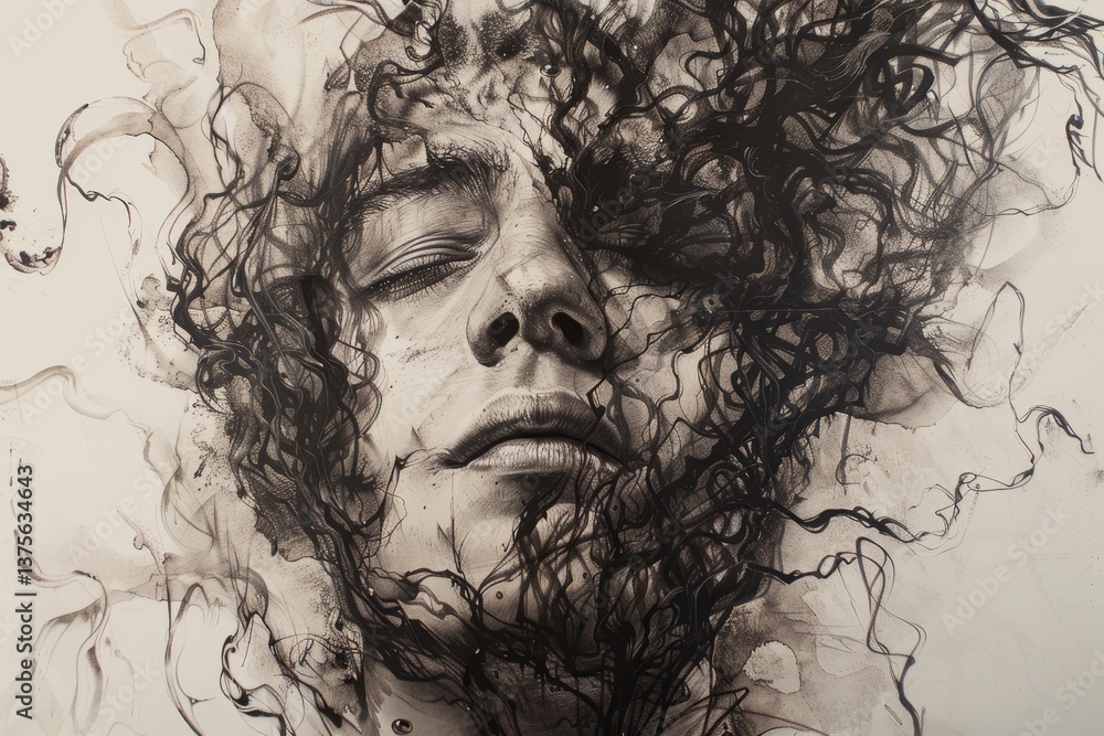 Fototapeta premium A detailed black and white ink drawing of a persons face partially obscured by intricate lines, Explore the complexity and depth of real personalities