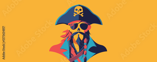 Abstract pirate with skull hat and eyepatch on yellow background vector.