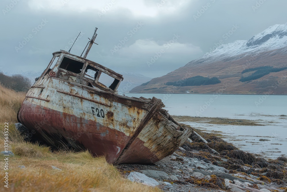 Broken boat abandoned on the shore near a quiet bay surrounded by mountains in overcast weather, An old abandoned boat, broken and left to rot beside the seashore Broken boat abandoned on the shore near a quiet bay surrounded by mountains in overcast weather, An old abandoned boat, broken and left to rot beside the seashore
