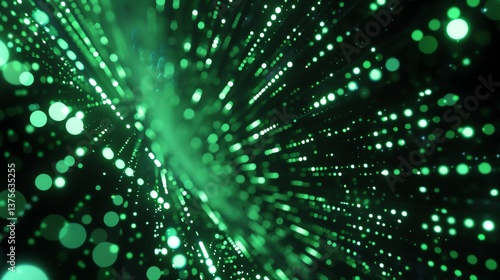 3D rendering of glowing green particles flowing through a dark space.