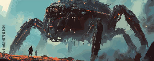 Futuristic giant mechanical spider confronting lone figure in dystopian landscape - vector.