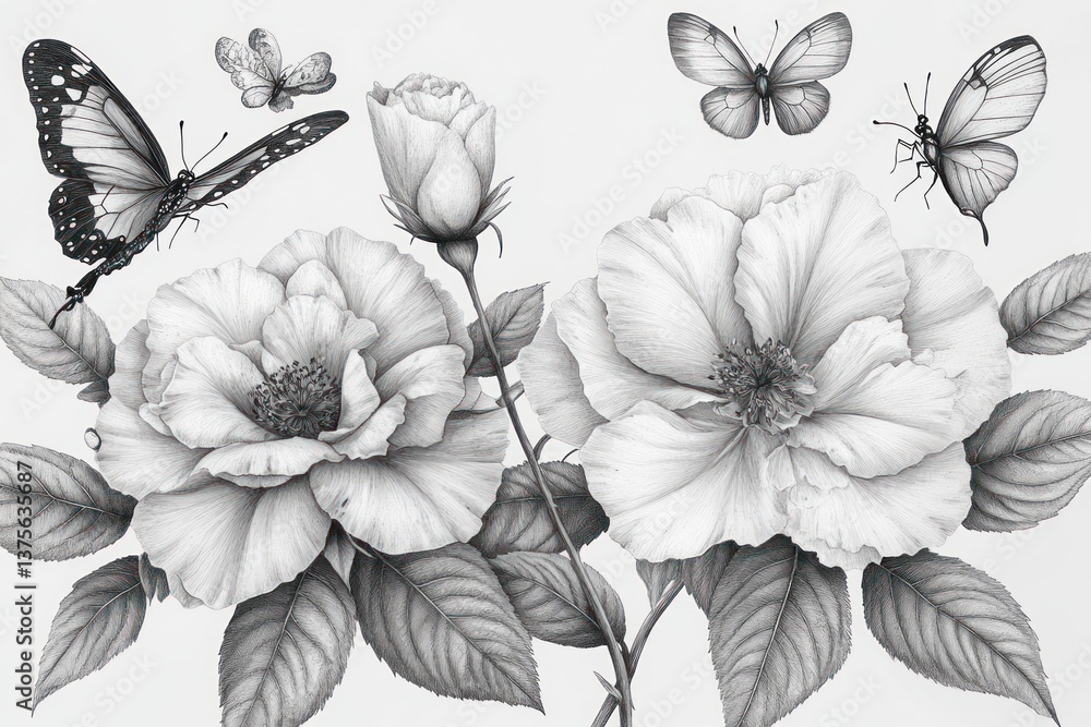 Fototapeta premium Seamless Floral Pattern with Hand-Drawn Roses Peonies Lilies Butterflies and Dragonflies