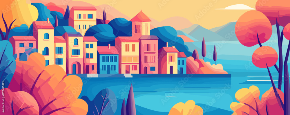Fototapeta premium Colorful coastal village landscape with autumn trees and mountains in the background - vector.