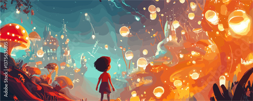 Child gazing at magical floating lanterns in enchanted fantasy forest - vector.