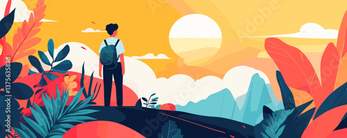Person with backpack watching sunrise over vibrant landscape, nature scene - vector.
