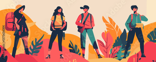 Group of young travelers exploring nature landscape with backpacks in autumn colors – vector.