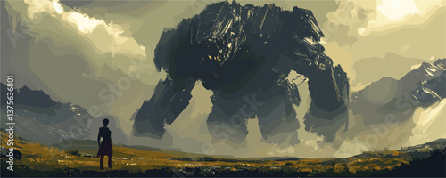 Enormous robotic creature confronts lone human in mountain landscape - vector.