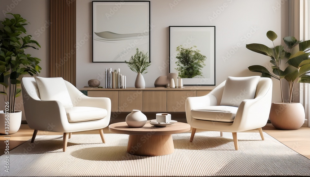 Fototapeta premium interior of modern living room with white armchairs and coffee table