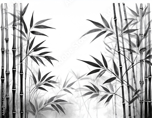 black and white watercolor style bamboo isolated on white background