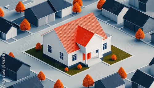 Taxes property concept. A stylized illustration of a house surrounded by smaller homes and trees.