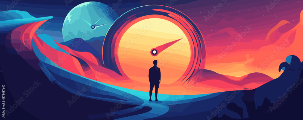 Naklejka premium Silhouetted figure gazing at surreal sun and moon in vibrant fantasy landscape - vector.