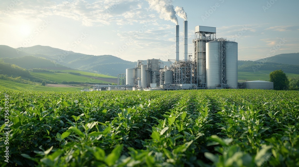 Obraz premium An industrial facility stands amid lush green fields highlighting the complex relationship between industrialization and the natural environment