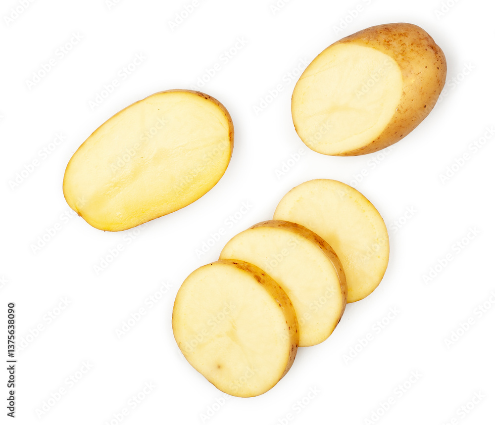 Potato slices isolated on a white background, top view, contour. Potato slices isolated on a white background, top view, contour.