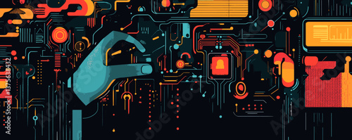 Futuristic cybernetic hand interacting with digital circuitry in high-tech interface - vector.