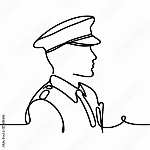 One line art officer serious profile portrait representing service against white background with copy space