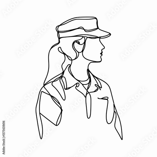 One line art female soldier serious looking representing military service against white background with copy space