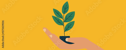 Hand holding a growing plant on yellow background, symbolizing growth and nature, vector.