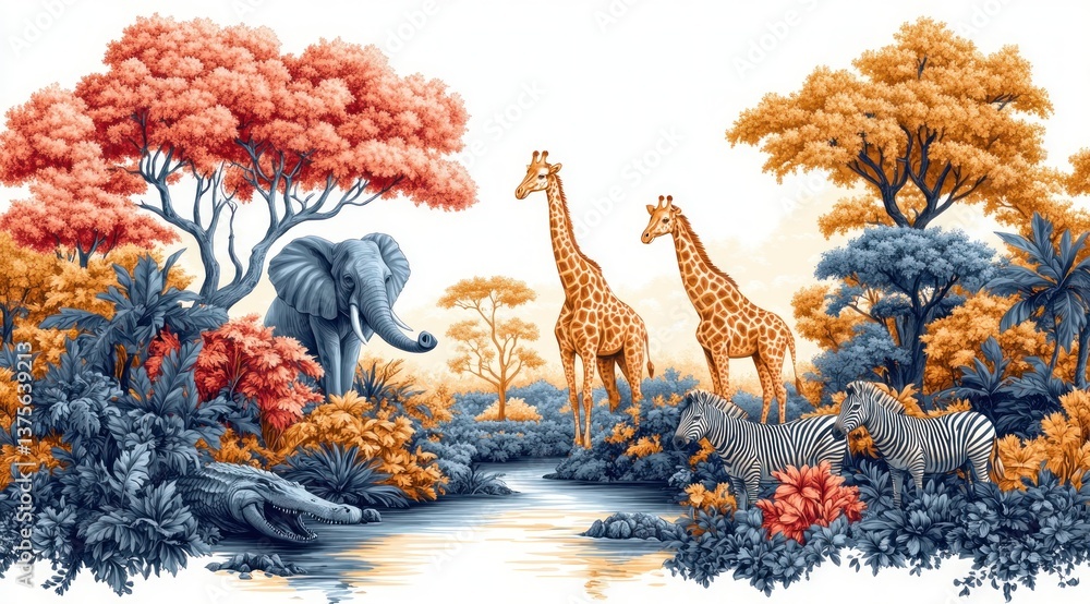 Fototapeta premium Vintage Engraving of African Wildlife Giraffe Elephant Lion Zebra Crocodile Savanna Animals